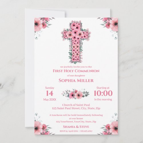 Chic First Holy Communion Girl Pink Flower Cross I Invitation