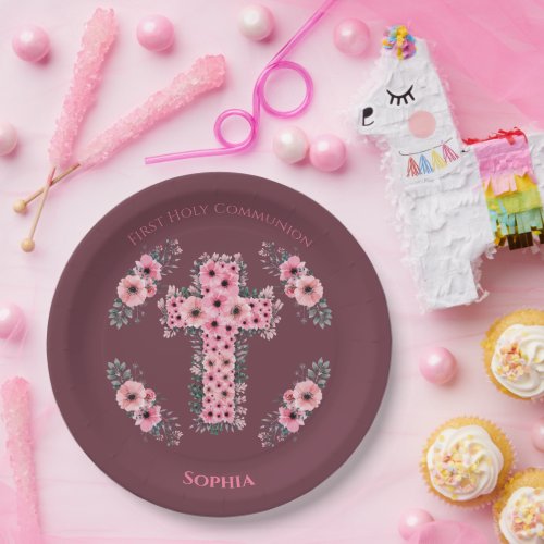 Chic First Holy Communion Girl Pink Flower Cross Paper Plates