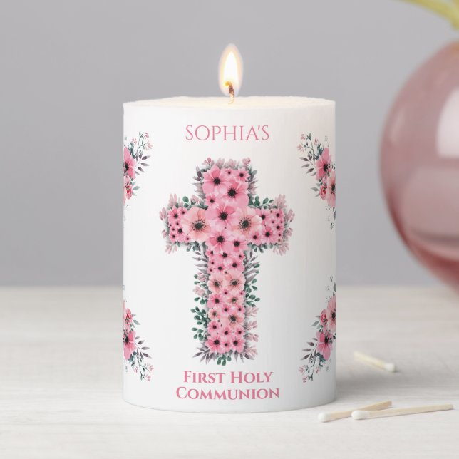 Chic First Holy Communion Girl Pink Flower Cross Pillar Candle (In Situ)