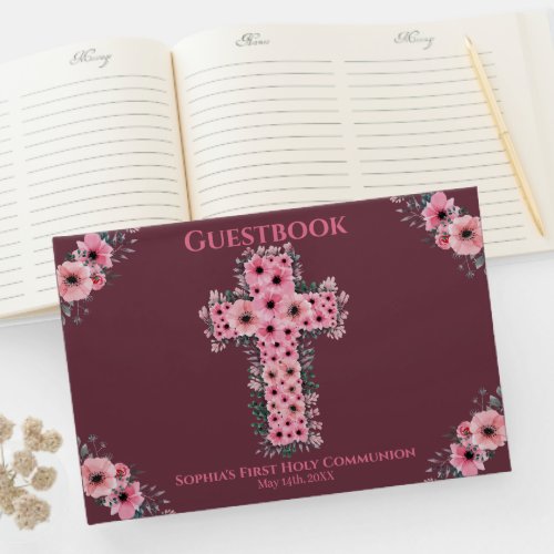 Chic First Holy Communion Pink Flower Cross Girl Guest Book