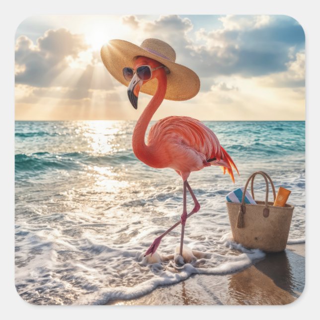 Chic Flamingo with Sun Hat and Sunglasses Square Sticker (Front)