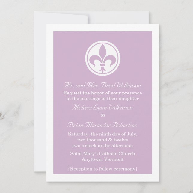 Chic Fleur De Lis Wedding Invite, Lilac Invitation (Front)