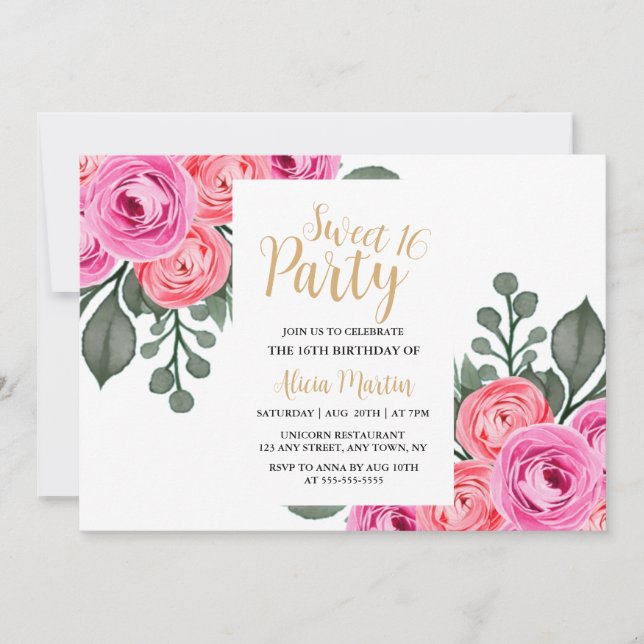Chic Flora Dusty Pink Rose Gold Sweet 16 Party Invitation (Front)