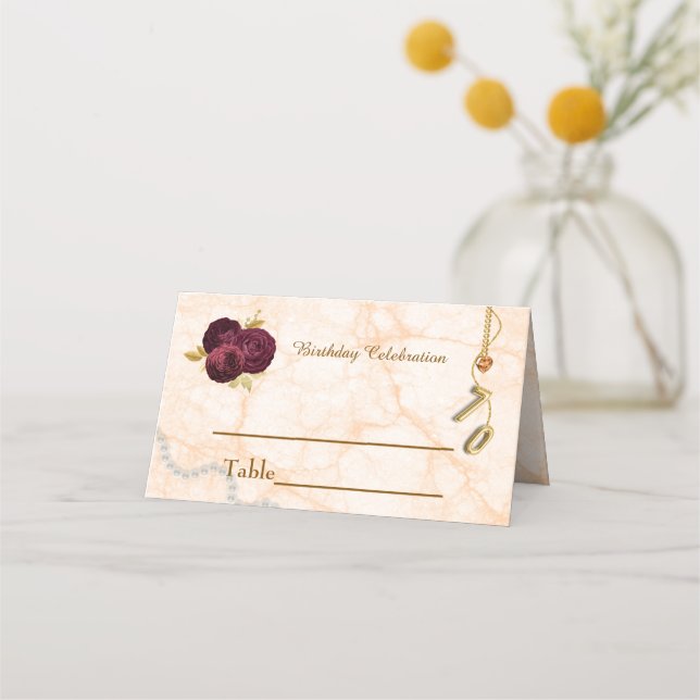 Chic Floral 70th Birthday & Gold Foil Balloon Place Card (Front)