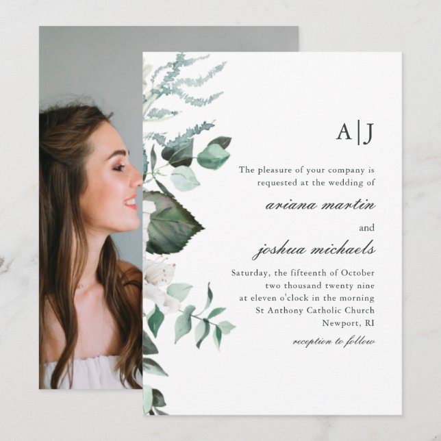 Chic Floral and Greenery Monogram Photo Wedding In Invitation (Front/Back)