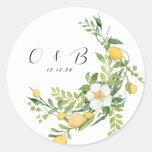 Chic Floral and Lemon Greenery Monogram Wedding Classic Round Sticker
