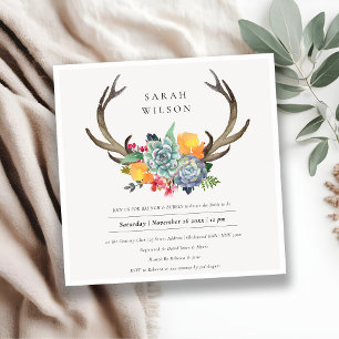 CHIC FLORAL ANTLER BRUCH & BUBBLY BRIDAL SHOWER INVITATION