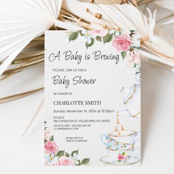 Chic Floral Baby Is Brewing Baby Shower Invitation by figtreedesign at Zazzle