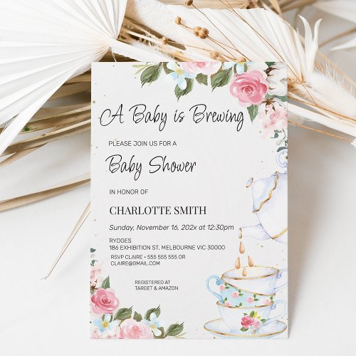 Chic Floral Baby is Brewing Baby Shower Invitation