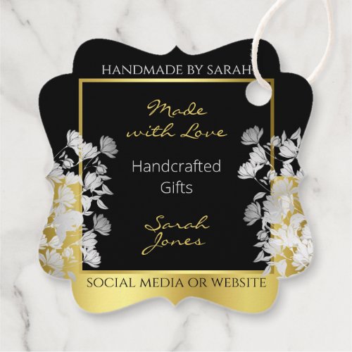 Chic Floral Black Gold with Silver Flowers Product Favor Tags