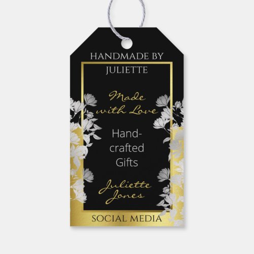 Chic Floral Black Gold with Silver Flowers Product Gift Tags