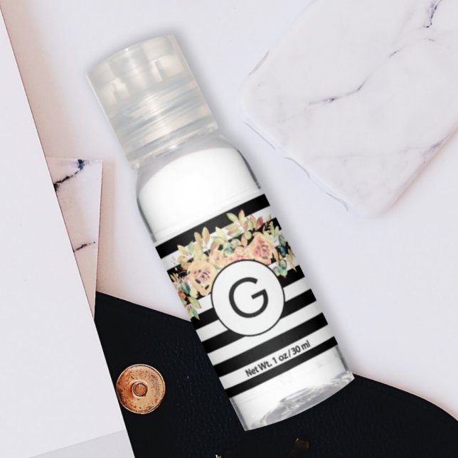 Chic Floral Black Stripes Monogrammed Hand Sanitizer (Creator Uploaded)