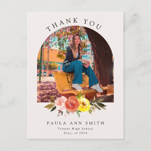 Chic Floral Bloom Arch Photo Graduation Thank You  Postcard