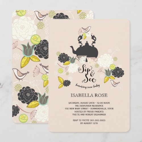 Chic Floral Blooms Birds Sip And See Baby Shower Personalized Invites