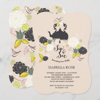Chic Floral Blooms Birds Sip And See Baby Shower Invitation