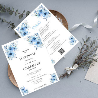 Chic Floral Blue Front and Back Wedding Invitation