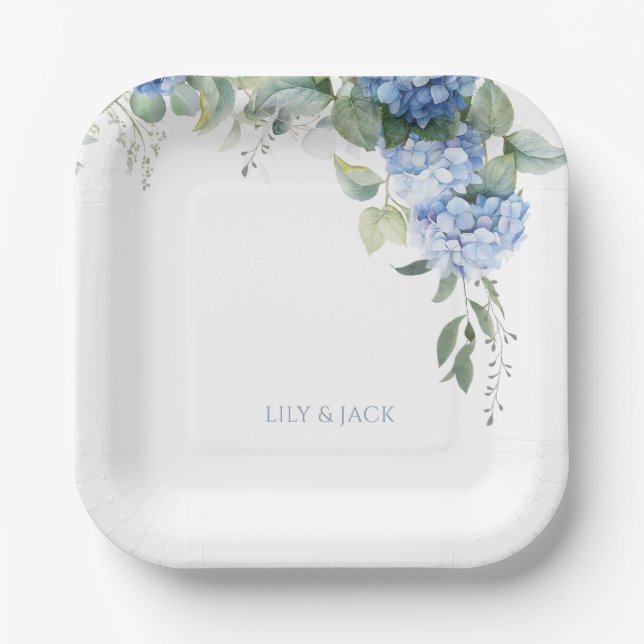 Chic Floral Blue Hydrangea Event Wedding  Paper Plates (Front)