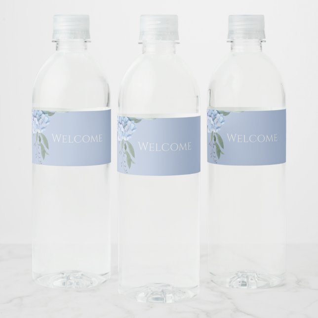 Chic Floral Blue Hydrangea Event Wedding  Water Bottle Label (Bottles)