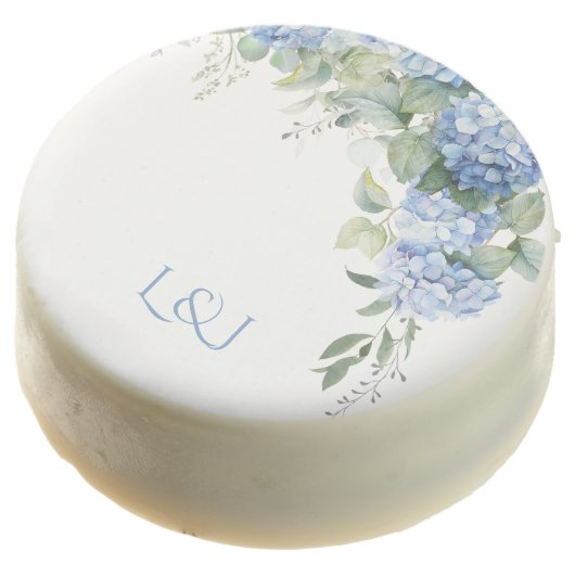 Chic Floral Blue Hydrangea Monogram Event Wedding Chocolate Covered Oreo (Angled)