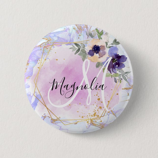 Chic Floral Blue Pink Gold Rainbow Marble Monogram Button (Front)