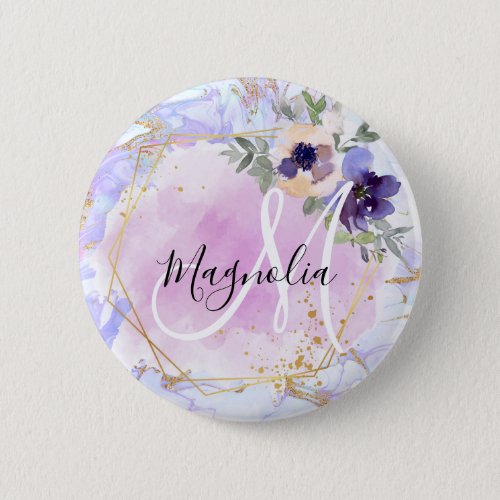 Chic Floral Blue Pink Gold Rainbow Marble Monogram Button