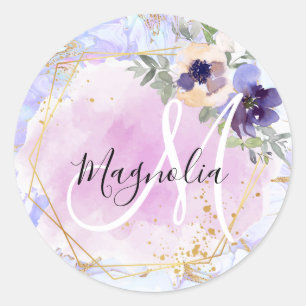 Chic Floral Blue Pink Gold Rainbow Marble Monogram Classic Round Sticker