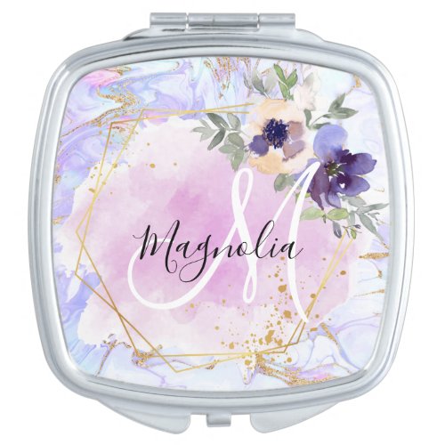 Chic Floral Blue Pink Gold Rainbow Marble Monogram Compact Mirror
