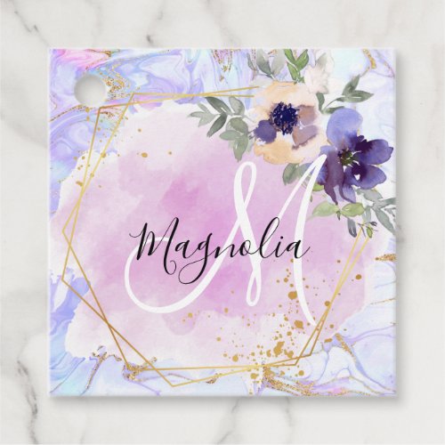 Chic Floral Blue Pink Gold Rainbow Marble Monogram Favor Tags