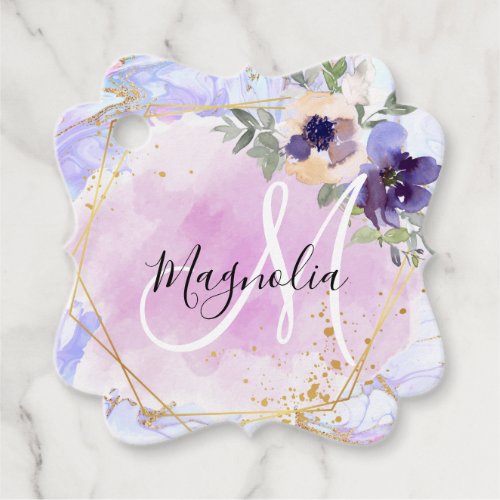 Chic Floral Blue Pink Gold Rainbow Marble Monogram Favor Tags