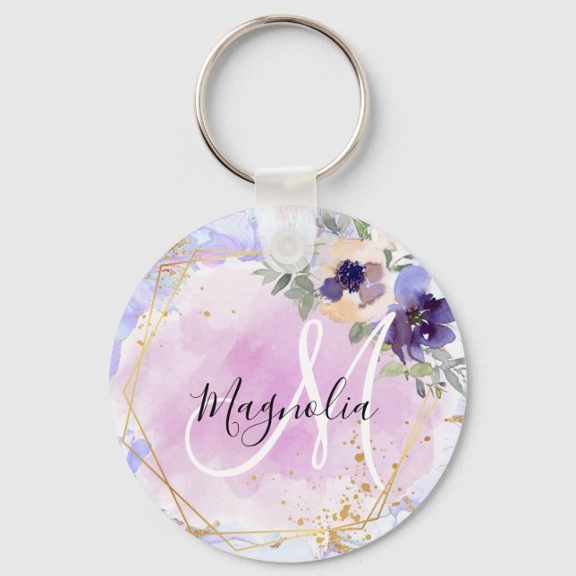 Chic Floral Blue Pink Gold Rainbow Marble Monogram Keychain (Front)