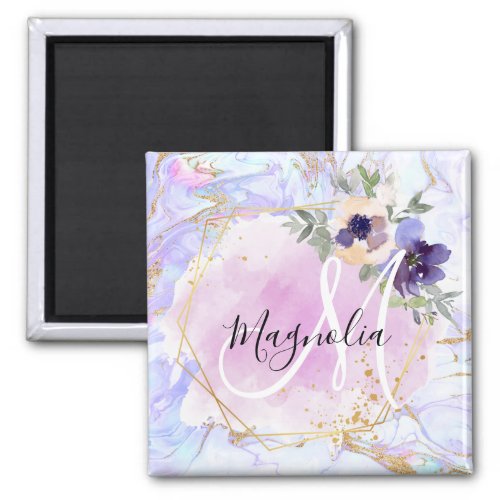 Chic Floral Blue Pink Gold Rainbow Marble Monogram Magnet