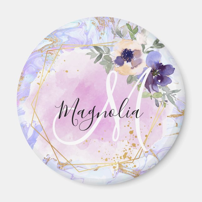 Chic Floral Blue Pink Gold Rainbow Marble Monogram Magnet (Front)