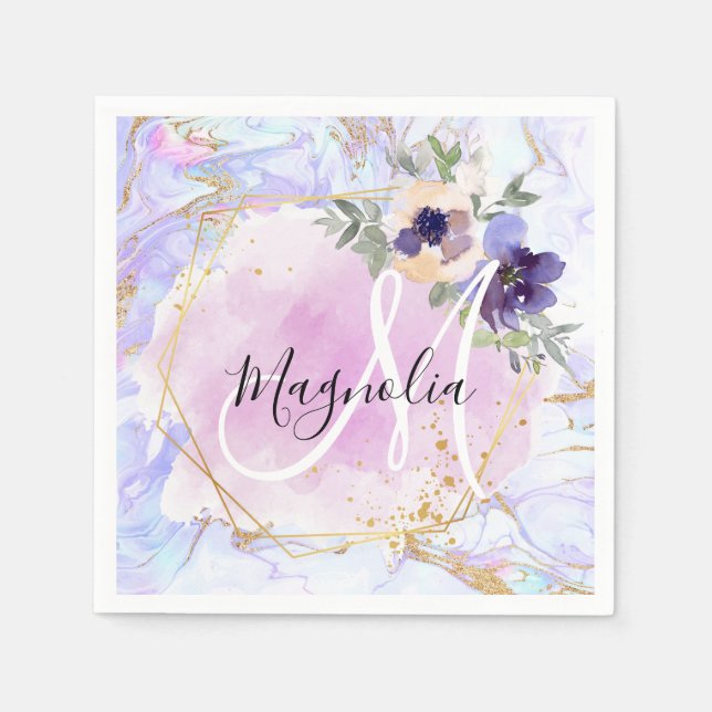 Chic Floral Blue Pink Gold Rainbow Marble Monogram Napkins (Front)