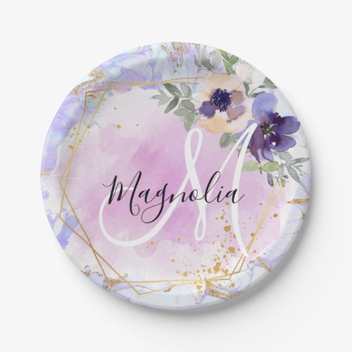 Chic Floral Blue Pink Gold Rainbow Marble Monogram Paper Plates