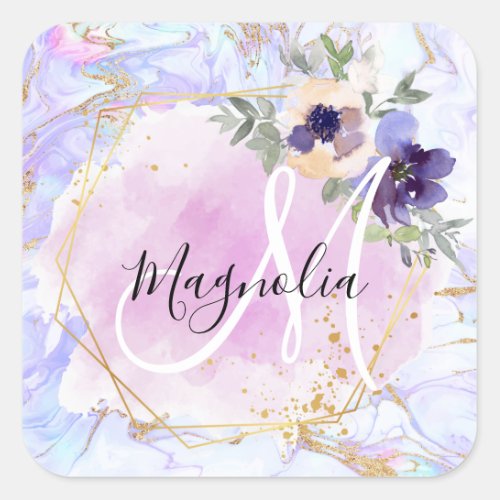 Chic Floral Blue Pink Gold Rainbow Marble Monogram Square Sticker