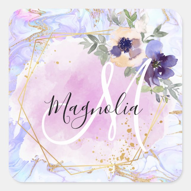 Chic Floral Blue Pink Gold Rainbow Marble Monogram Square Sticker (Front)