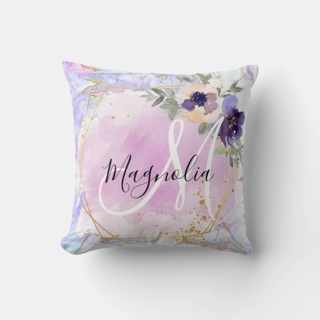 Chic Floral Blue Pink Gold Rainbow Marble Monogram Throw Pillow (Front)