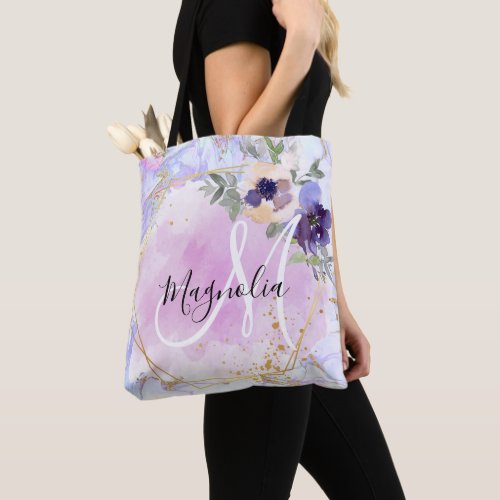 Chic Floral Blue Pink Gold Rainbow Marble Monogram Tote Bag
