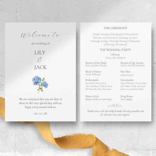 Chic Floral Blue White Hydrangea Wedding Program 