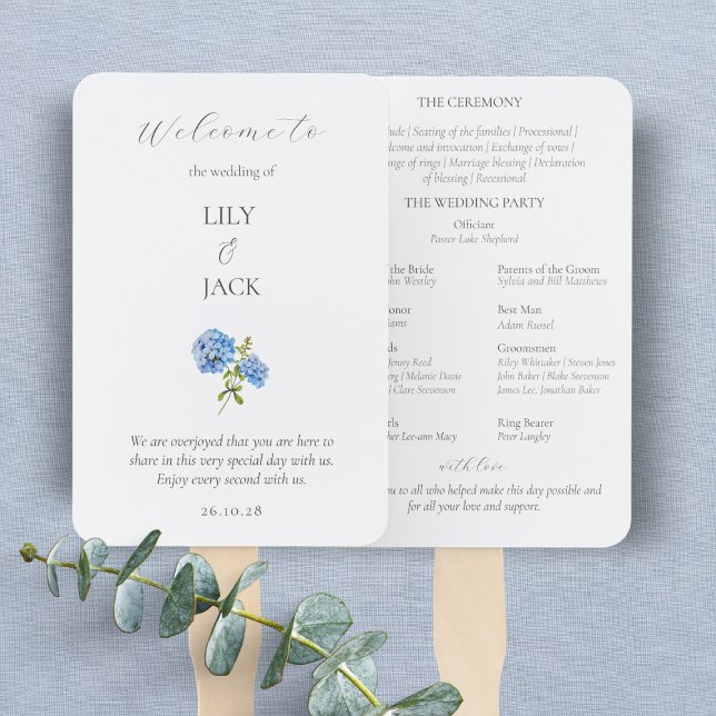 Chic Floral Blue White Hydrangea Wedding Program  Hand Fan (Creator Uploaded)