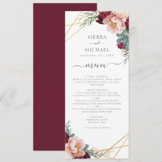 Chic Floral Blush Burgundy Gold Wedding Reception Menu