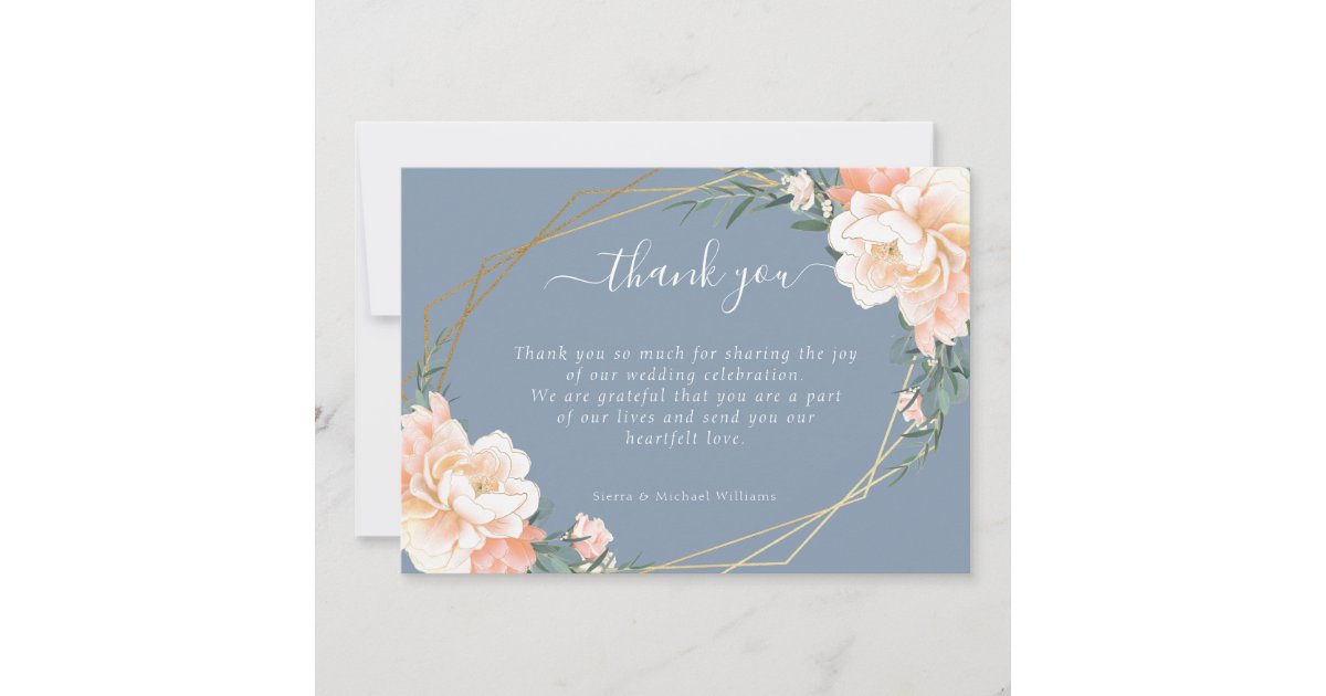 Chic Floral Blush Peach Gold Dusty Blue Wedding Thank You Card | Zazzle