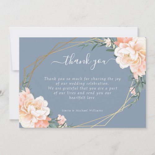 Chic Floral Blush Peach Gold Dusty Blue Wedding Thank You Card