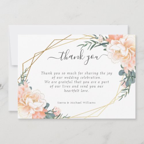 Chic Floral Blush Peach Gold Mint Green Wedding Thank You Card