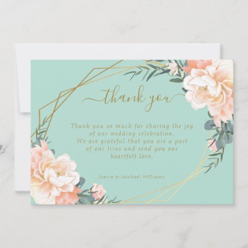Chic Floral Blush Peach Gold Mint Green Wedding Thank You Card