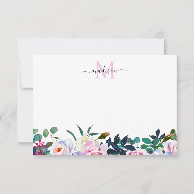 Chic Floral Blush Pink Peony Botanical Monogram Note Card (Front)