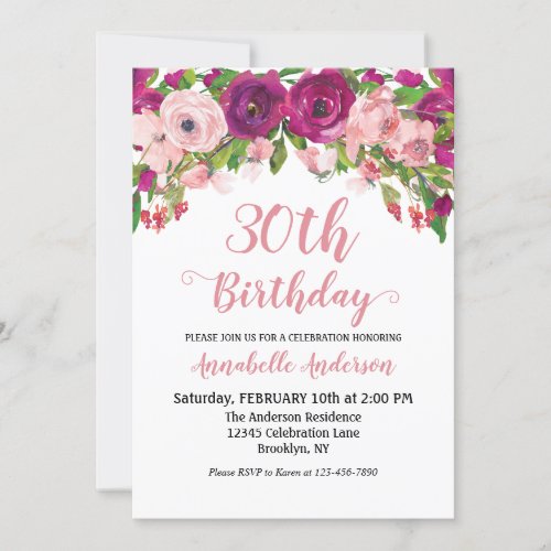 Chic Floral Blush Pink Purple Watercolor Birthday Invitation