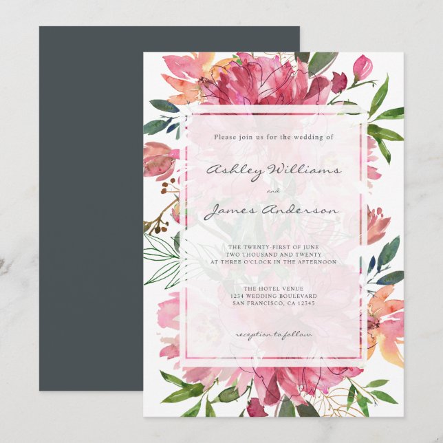 Chic Floral Botanical Boho Pink Peony Wedding Invitation (Front/Back)