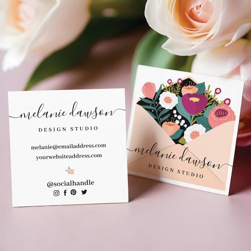 Chic Floral Botanical Garden Open Envelope Design Square Business Card