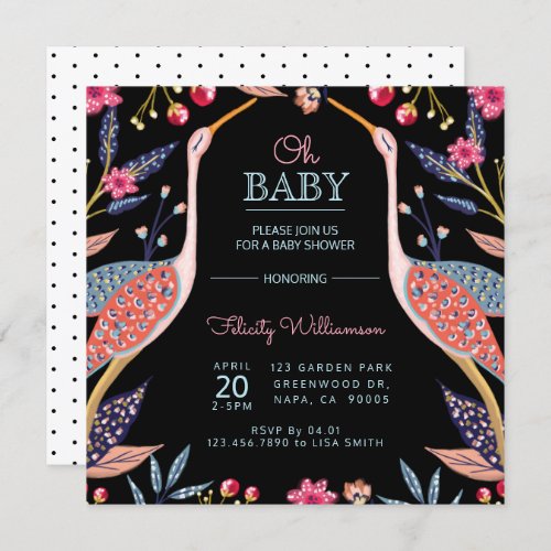 Chic Floral Botanical Stork Baby Shower Invitation